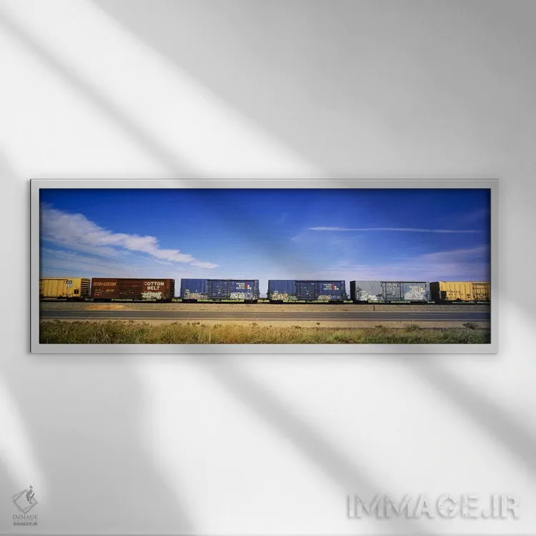 تابلو واگنهای قطار باری، کالیفرنیا اثر پانورامیک ایمجز (استودیو عکاسی عریض) - نمای قابدار سفید