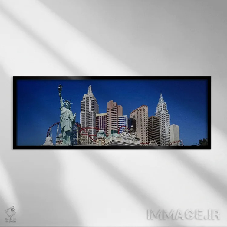 تابلو New York New York, Las Vegas, Nevada, USA,نمای زاویه پایین از آسمانخراشها، نیویورک نیویورک، لاس وگاس، نوادا، آمریکا اثر پانورامیک ایمجز (استودیو عکاسی عریض) - نمای قابدار مشکی