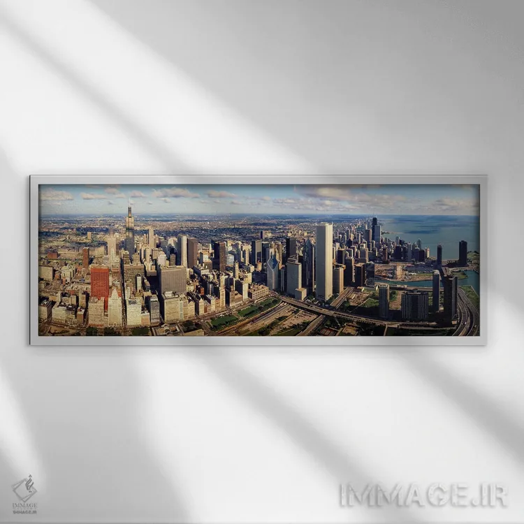 تابلو نمای هوایی شیکاگو، ایلینوی اثر پانورامیک ایمجز (استودیو عکاسی عریض) - نمای قابدار سفید