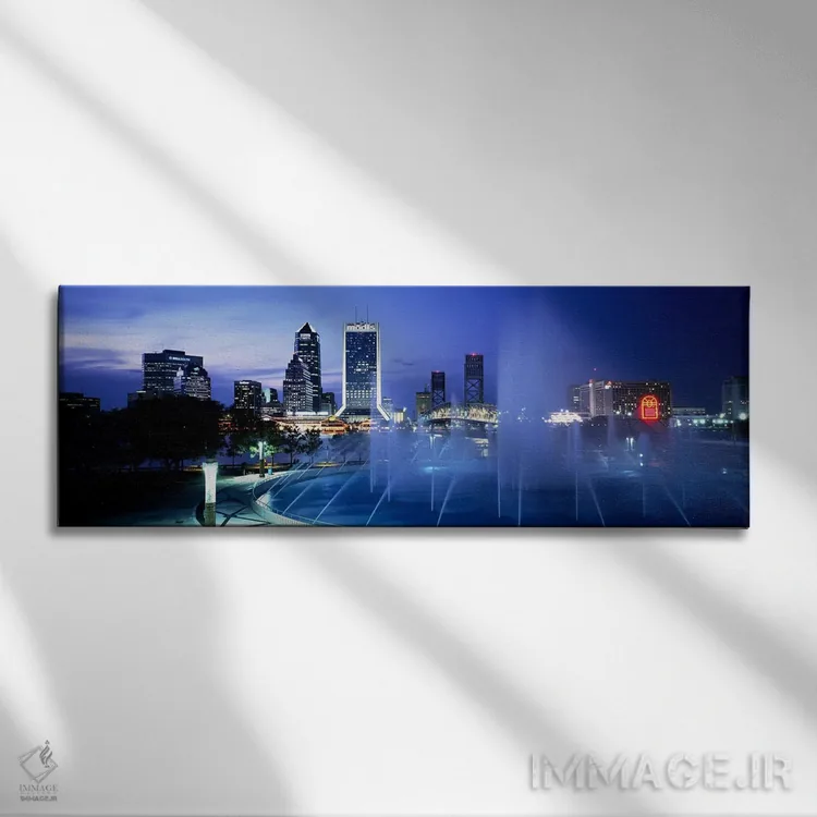 تابلو Cityscape, Night, Jacksonville, Florida, USA,فواره، منظره شهری، شب، جکسونویل، فلوریدا، آمریکا اثر پانورامیک ایمجز (استودیو عکاسی عریض) - نمای روبهرو روی دیوار