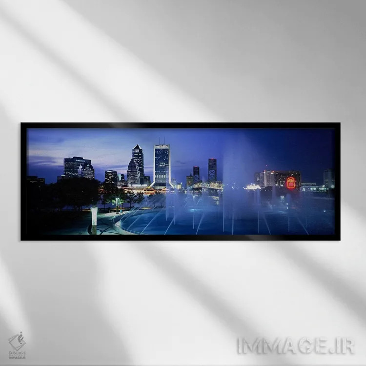 تابلو Cityscape, Night, Jacksonville, Florida, USA,فواره، منظره شهری، شب، جکسونویل، فلوریدا، آمریکا اثر پانورامیک ایمجز (استودیو عکاسی عریض) - نمای قابدار مشکی