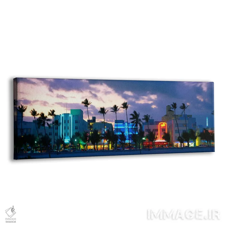 تابلو Ocean Drive, Miami Beach, Florida, USA,ساختمانهای روشن در غروب، اوشن درایو، میامی بیچ، فلوریدا، ایالات متحده اثر پانورامیک ایمجز (استودیو عکاسی عریض) - نمای پرسپکتیو محصول