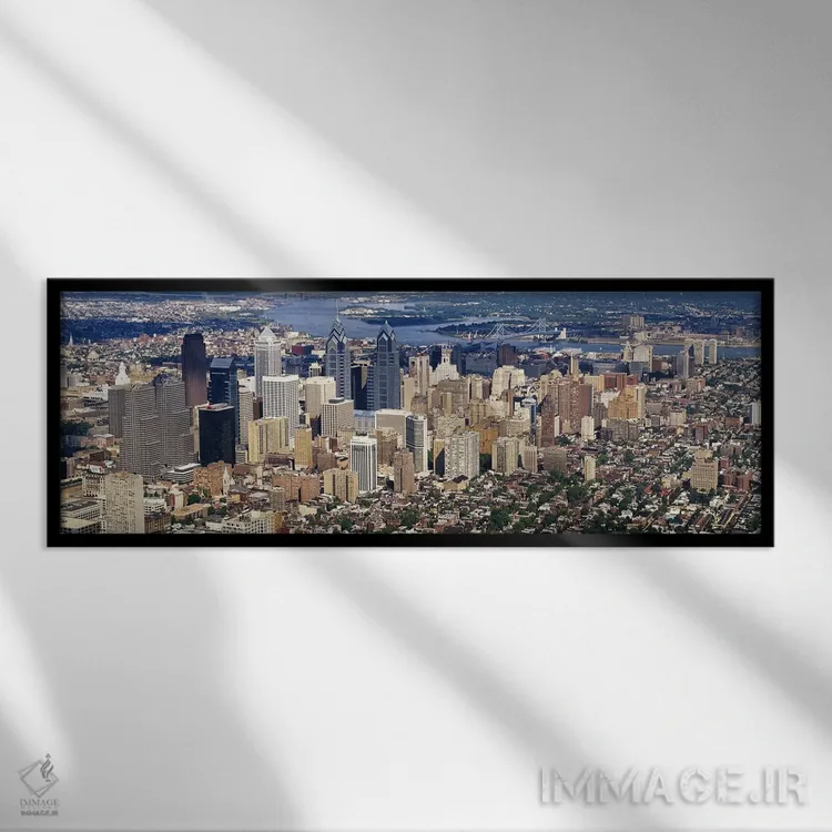 تابلو Philadelphia, Pennsylvania, USA #2,نمای هوایی از شهر، فیلادلفیا، پنسیلوانیا، ایالات متحده (نمونه ۲) اثر پانورامیک ایمجز (استودیو عکاسی عریض) - نمای قابدار مشکی