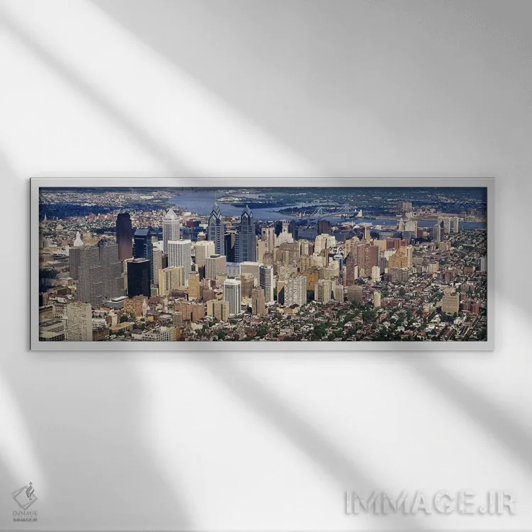 تابلو Philadelphia, Pennsylvania, USA #2,نمای هوایی از شهر، فیلادلفیا، پنسیلوانیا، ایالات متحده (نمونه ۲) اثر پانورامیک ایمجز (استودیو عکاسی عریض) - نمای قابدار سفید