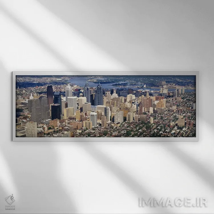 تابلو Philadelphia, Pennsylvania, USA #2,نمای هوایی از شهر، فیلادلفیا، پنسیلوانیا، ایالات متحده (نمونه ۲) اثر پانورامیک ایمجز (استودیو عکاسی عریض) - نمای قابدار سفید