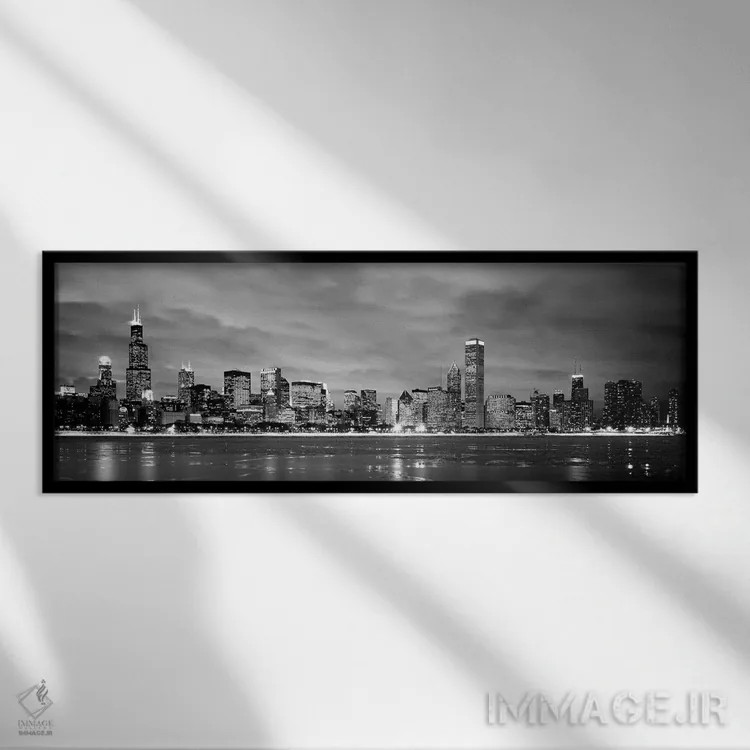 تابلو Chicago, Illinois, USA,ساختمانها در کنار آب، شیکاگو، ایلینوی، ایالات متحده اثر پانورامیک ایمجز (استودیو عکاسی عریض) - نمای قابدار مشکی