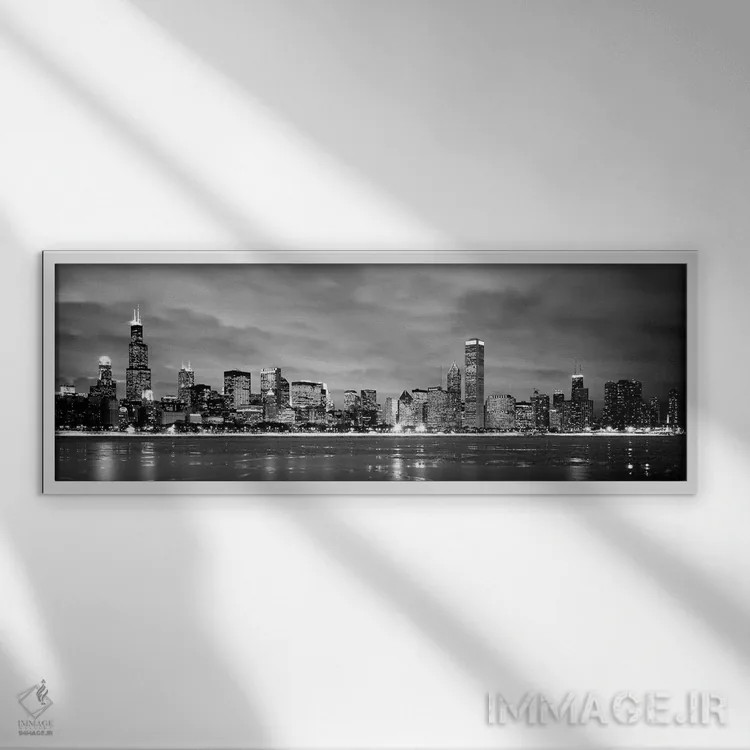 تابلو Chicago, Illinois, USA,ساختمانها در کنار آب، شیکاگو، ایلینوی، ایالات متحده اثر پانورامیک ایمجز (استودیو عکاسی عریض) - نمای قابدار سفید