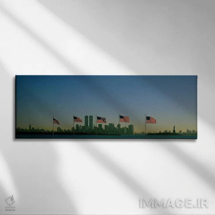 تابلو Liberty State Park, New Jersey,منظرهای از منهتن از میان ردیفی از پرچمهای آمریکا در میدان پرچم، پارک ایالتی آزادی، نیوجرسی اثر پانورامیک ایمجز (استودیو عکاسی عریض) - نمای روبهرو روی دیوار