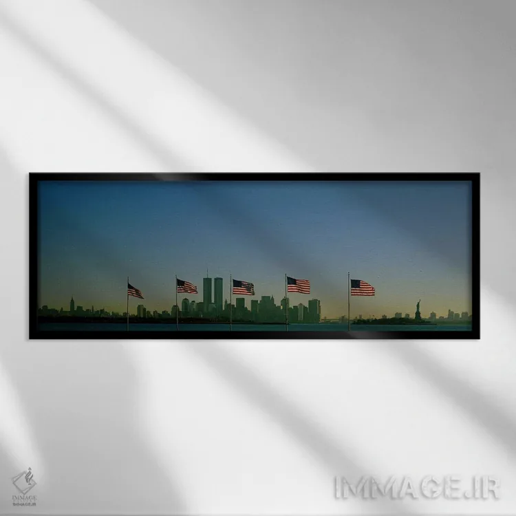 تابلو Liberty State Park, New Jersey,منظرهای از منهتن از میان ردیفی از پرچمهای آمریکا در میدان پرچم، پارک ایالتی آزادی، نیوجرسی اثر پانورامیک ایمجز (استودیو عکاسی عریض) - نمای قابدار مشکی