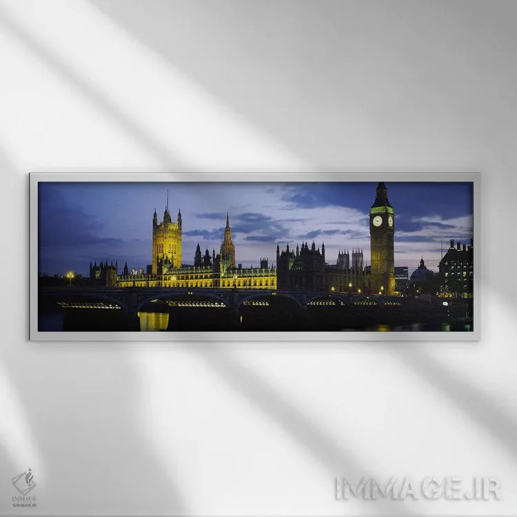 تابلو London, England, United Kingdom,کاخ وستمینستر در شب، لندن، انگلستان، بریتانیا اثر پانورامیک ایمجز (استودیو عکاسی عریض) - نمای قابدار سفید