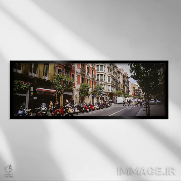 تابلو صحنه خیابانی بارسلونا، اسپانیا اثر پانورامیک ایمجز (استودیو عکاسی عریض) - نمای قابدار مشکی