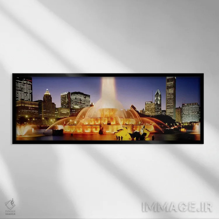 تابلو Chicago, Cook County, Illinois, USA,فواره باکینگهام در وقت غروب، شیکاگو، شهرستان کوک، ایلینوی، آمریکا اثر پانورامیک ایمجز (استودیو عکاسی عریض) - نمای قابدار مشکی