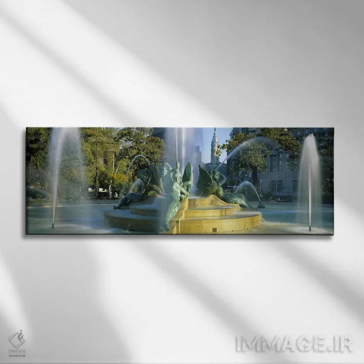 تابلو Logan Circle, City Hall, Philadelphia, Pennsylvania, USA,فواره در مقابل ساختمان، لوگان سیرکل، شهرداری، فیلادلفیا، پنسیلوانیا، آمریکا اثر پانورامیک ایمجز (استودیو عکاسی عریض) - نمای روبهرو روی دیوار