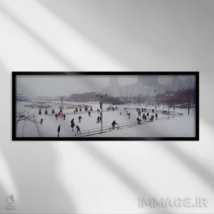 تابلو Bicentennial Park, Chicago, Cook County, Illinois, USA,گروهی از افراد در حال اسکیت روی یخ در پارک، بایسنتنیال پارک، شیکاگو، ایلینوی، آمریکا اثر پانورامیک ایمجز (استودیو عکاسی عریض) - نمای قابدار مشکی
