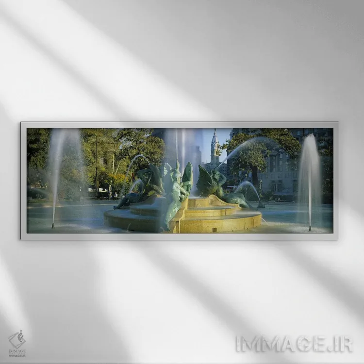 تابلو Logan Circle, City Hall, Philadelphia, Pennsylvania, USA,فواره در مقابل ساختمان، لوگان سیرکل، شهرداری، فیلادلفیا، پنسیلوانیا، آمریکا اثر پانورامیک ایمجز (استودیو عکاسی عریض) - نمای قابدار سفید