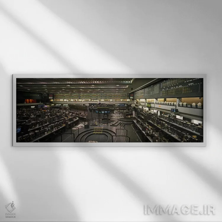 تابلو Chicago Mercantile Exchange, Chicago, Illinois, USA,محوطههای خالی پس از پایان ساعات معاملاتی، بورس کالای شیکاگو، شیکاگو، ایلینوی، آمریکا اثر پانورامیک ایمجز (استودیو عکاسی عریض) - نمای قابدار سفید