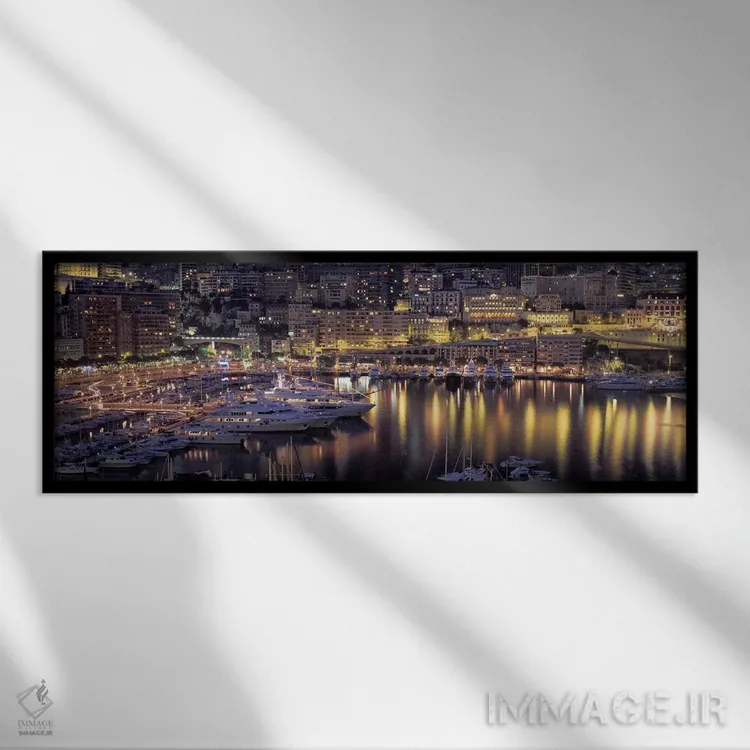 تابلو La Condamine District, Monaco,بندر هرکولس در شب، منطقه لا کندامین، موناکو اثر پانورامیک ایمجز (استودیو عکاسی عریض) - نمای قابدار مشکی