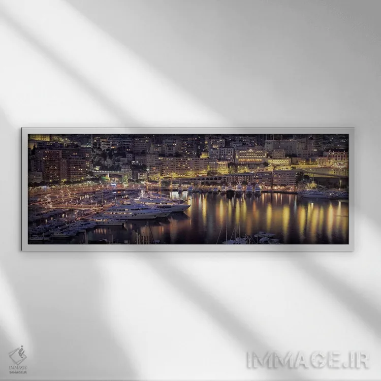 تابلو La Condamine District, Monaco,بندر هرکولس در شب، منطقه لا کندامین، موناکو اثر پانورامیک ایمجز (استودیو عکاسی عریض) - نمای قابدار سفید
