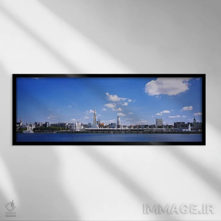 تابلو Antwerp, Flemish Region, Belgium,آسمانخط کنار آب، آنتورپ، منطقه فلاندری، بلژیک اثر پانورامیک ایمجز (استودیو عکاسی عریض) - نمای قابدار مشکی