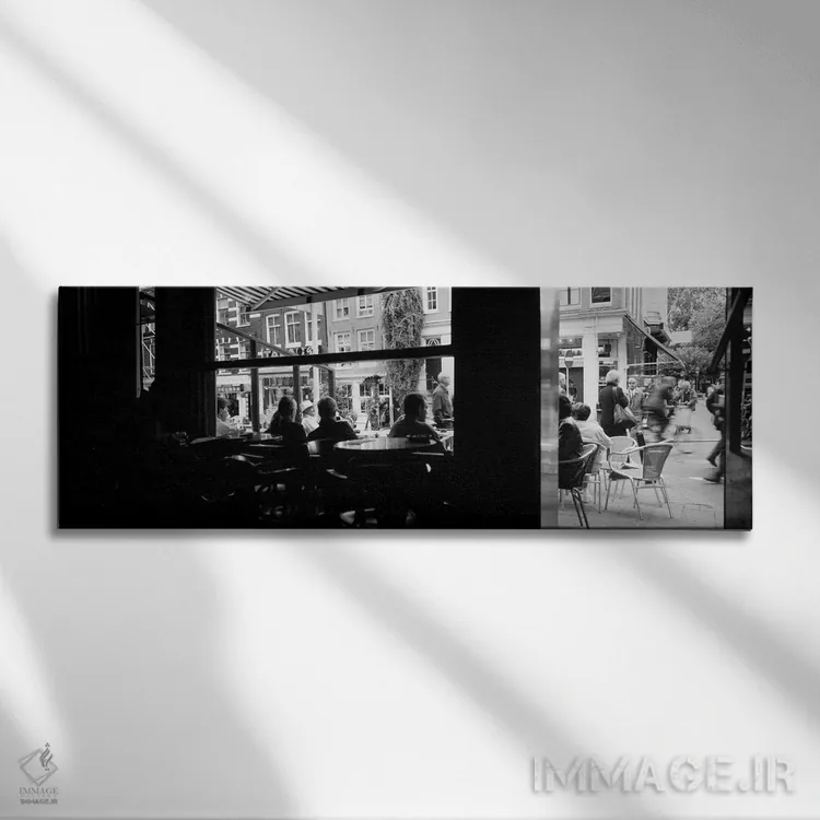تابلو Amsterdam, North Holland, Netherlands,نمایی از کافه به صورت سیاه و سفید، آمستردام، شمال هلند، هلند اثر پانورامیک ایمجز (استودیو عکاسی عریض) - نمای روبهرو روی دیوار