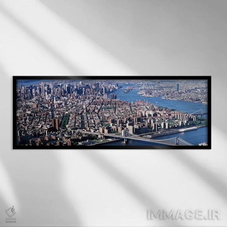 تابلو New York, Brooklyn Bridge, aerial,آمریکا، نیویورک، پل بروکلین، نمای هوایی اثر پانورامیک ایمجز (استودیو عکاسی عریض) - نمای قابدار مشکی