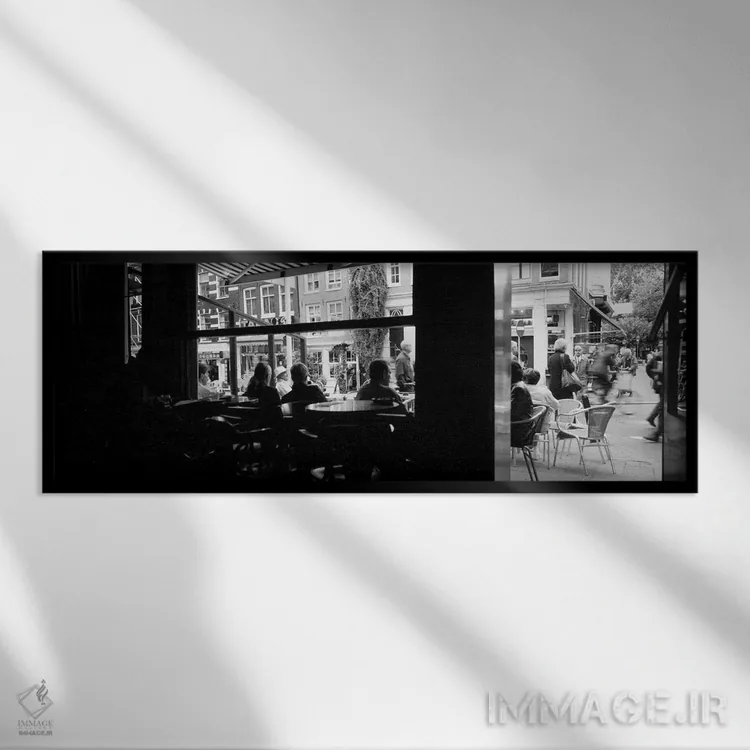 تابلو Amsterdam, North Holland, Netherlands,نمایی از کافه به صورت سیاه و سفید، آمستردام، شمال هلند، هلند اثر پانورامیک ایمجز (استودیو عکاسی عریض) - نمای قابدار مشکی