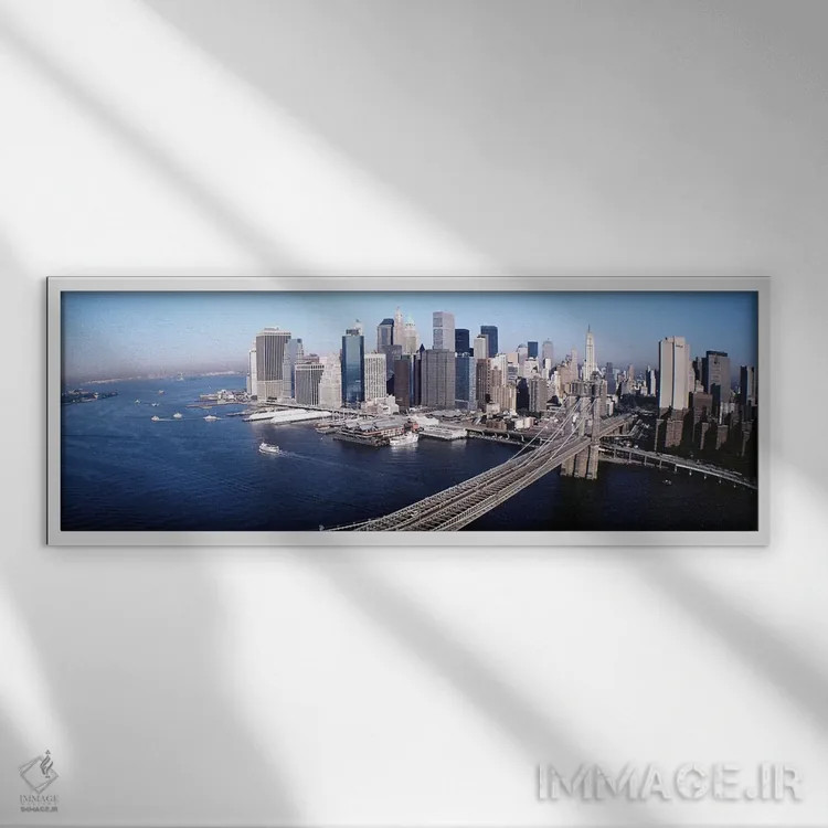 تابلو Lower Manhattan, NYC, New York City, New York State, USA,نمای هوایی پل بروکلین، بخش پایین منهتن، نیویورک، ایالت نیویورک، آمریکا اثر پانورامیک ایمجز (استودیو عکاسی عریض) - نمای قابدار سفید