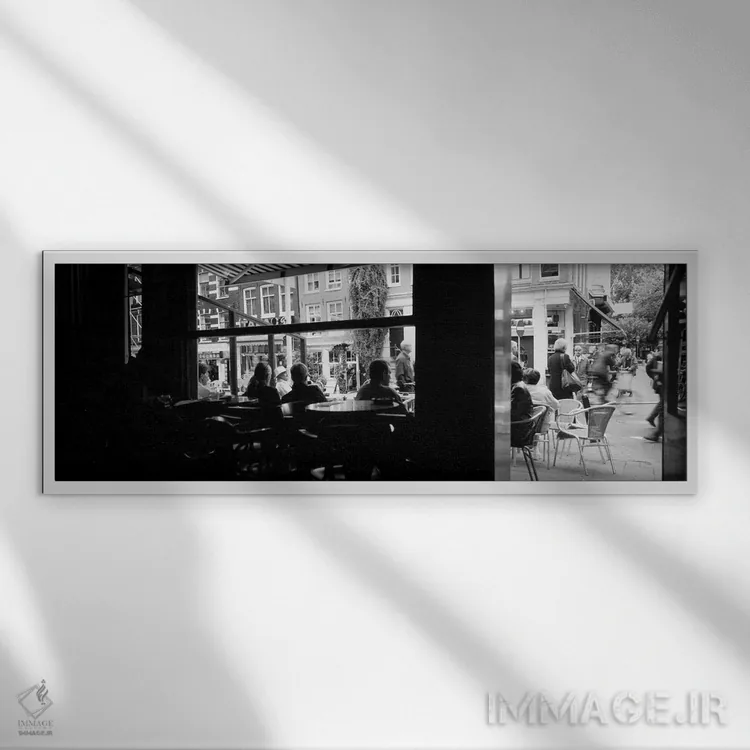 تابلو Amsterdam, North Holland, Netherlands,نمایی از کافه به صورت سیاه و سفید، آمستردام، شمال هلند، هلند اثر پانورامیک ایمجز (استودیو عکاسی عریض) - نمای قابدار سفید