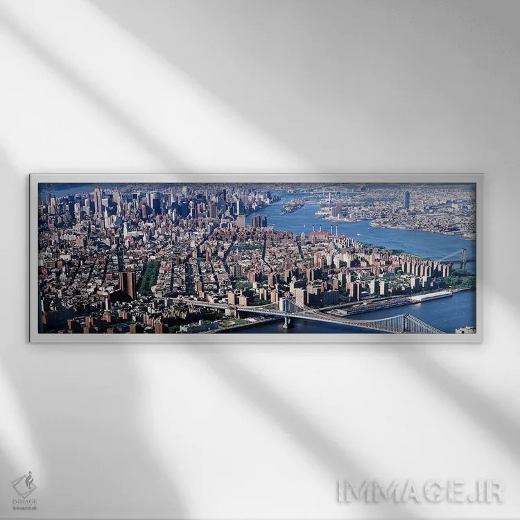 تابلو New York, Brooklyn Bridge, aerial,آمریکا، نیویورک، پل بروکلین، نمای هوایی اثر پانورامیک ایمجز (استودیو عکاسی عریض) - نمای قابدار سفید