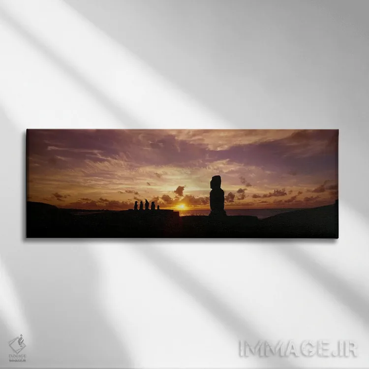 تابلو Tahai Archaeological Site, Rano Raraku, Easter Island, Chile,سایه مجسمههای موآی در غروب، محوطه باستانی تاحای، رانو رااراکو، جزیره ایستر، شیلی اثر پانورامیک ایمجز (استودیو عکاسی عریض) - نمای روبهرو روی دیوار