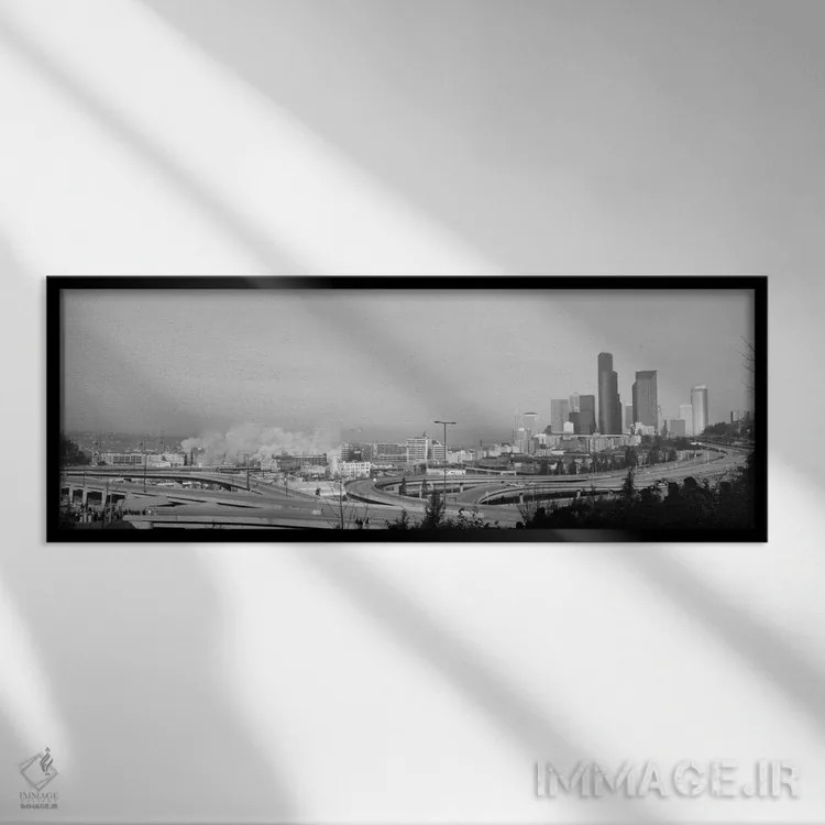 تابلو Seattle, Washington State, USA,تخریب ساختمان نزدیک بزرگراه، سیاتل، ایالت واشنگتن، آمریکا اثر پانورامیک ایمجز (استودیو عکاسی عریض) - نمای قابدار مشکی