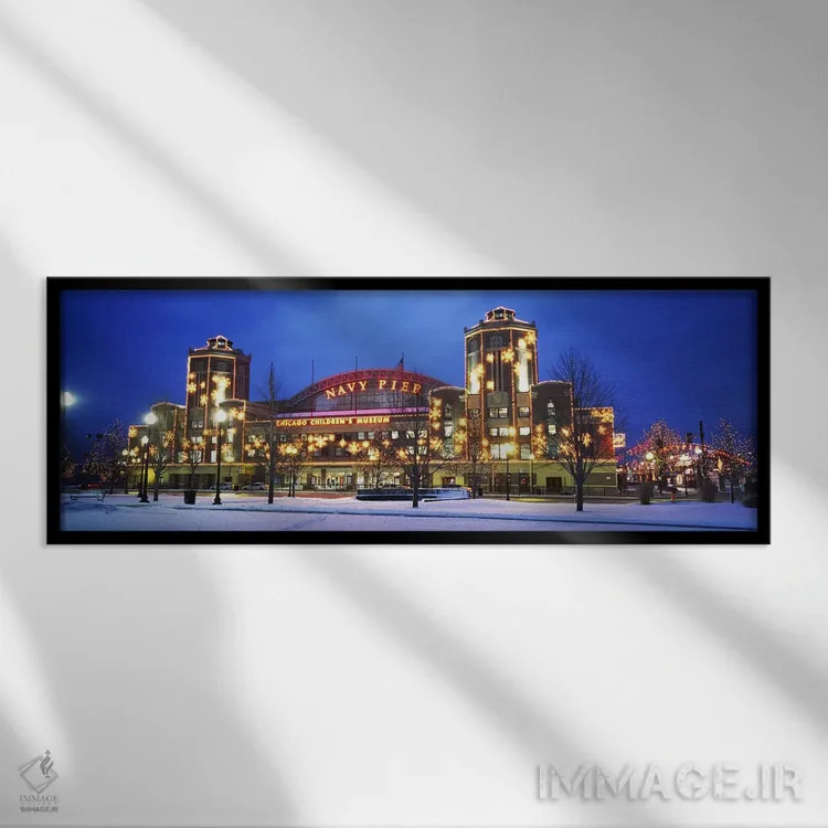 تابلو Navy Pier, Chicago, Illinois, USA,نمای بیرونی نورانی ساختمان در هنگام غروب، ناب پیِر، شیکاگو، ایلینوی، آمریکا اثر پانورامیک ایمجز (استودیو عکاسی عریض) - نمای قابدار مشکی