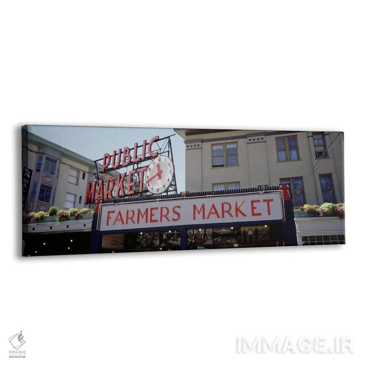تابلو Pike Place Market, Seattle, Washington State, USA,نمای پایین از ساختمانها در بازار پایک پلیس، سیاتل، واشنگتن، آمریکا اثر پانورامیک ایمجز (استودیو عکاسی عریض) - نمای پرسپکتیو محصول
