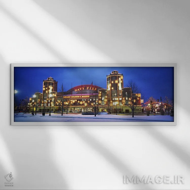 تابلو Navy Pier, Chicago, Illinois, USA,نمای بیرونی نورانی ساختمان در هنگام غروب، ناب پیِر، شیکاگو، ایلینوی، آمریکا اثر پانورامیک ایمجز (استودیو عکاسی عریض) - نمای قابدار سفید
