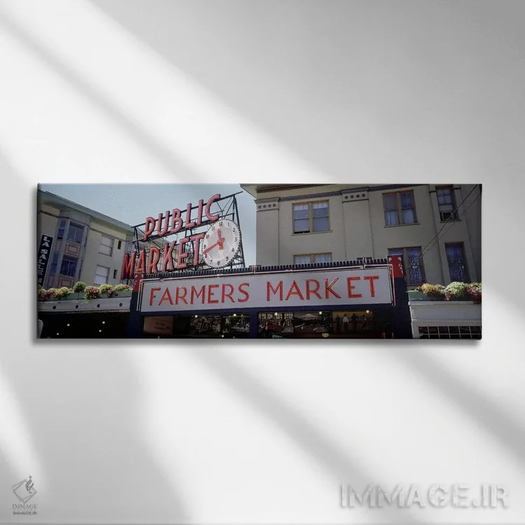تابلو Pike Place Market, Seattle, Washington State, USA,نمای پایین از ساختمانها در بازار پایک پلیس، سیاتل، واشنگتن، آمریکا اثر پانورامیک ایمجز (استودیو عکاسی عریض) - نمای روبهرو روی دیوار