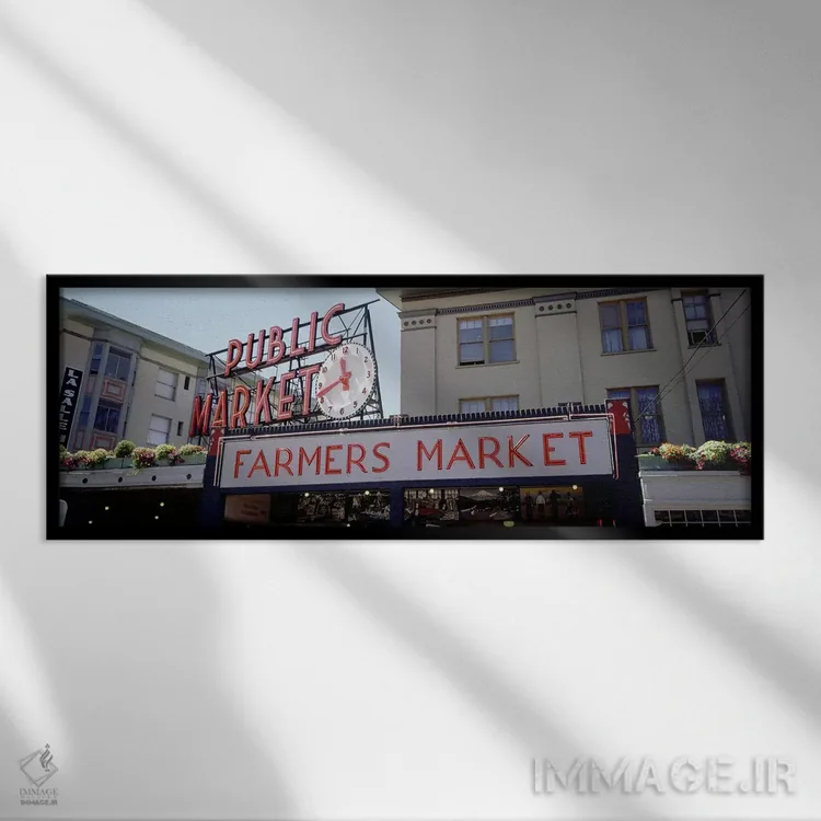 تابلو Pike Place Market, Seattle, Washington State, USA,نمای پایین از ساختمانها در بازار پایک پلیس، سیاتل، واشنگتن، آمریکا اثر پانورامیک ایمجز (استودیو عکاسی عریض) - نمای قابدار مشکی