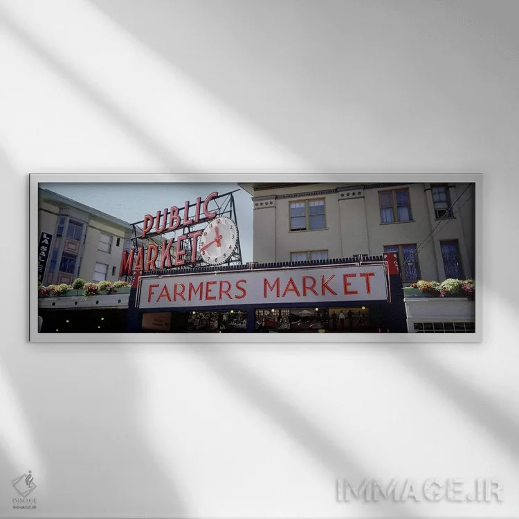 تابلو Pike Place Market, Seattle, Washington State, USA,نمای پایین از ساختمانها در بازار پایک پلیس، سیاتل، واشنگتن، آمریکا اثر پانورامیک ایمجز (استودیو عکاسی عریض) - نمای قابدار سفید