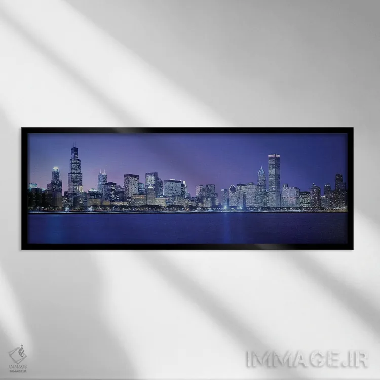 تابلو Chicago, Cook County, Illinois, USA,خط افق مرکز شهر در غروب، شیکاگو، شهرستان کوک، ایلینوی، آمریکا اثر پانورامیک ایمجز (استودیو عکاسی عریض) - نمای قابدار مشکی