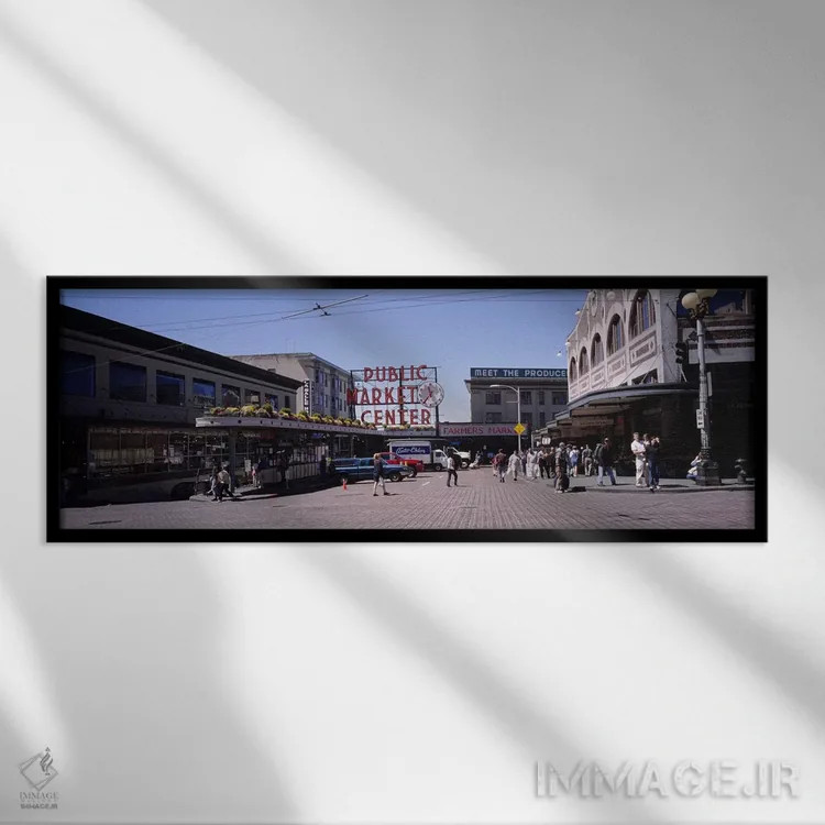 تابلو Pike Place Market, Seattle, Washington State, USA,گروهی از افراد در بازار، بازار پایک پلیس، سیاتل، واشنگتن، آمریکا اثر پانورامیک ایمجز (استودیو عکاسی عریض) - نمای قابدار مشکی