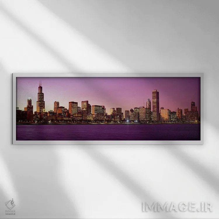 تابلو Illinois, USA,خط افق شیکاگو در غروب آفتاب، ایلینوی، آمریکا اثر پانورامیک ایمجز (استودیو عکاسی عریض) - نمای قابدار سفید