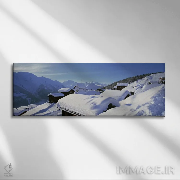 تابلو کلیسا و کلبههای پوشیده از برف، کوههای آلپ سوئیس، سوئیس اثر پانورامیک ایمجز (استودیو عکاسی عریض) - نمای روبهرو روی دیوار
