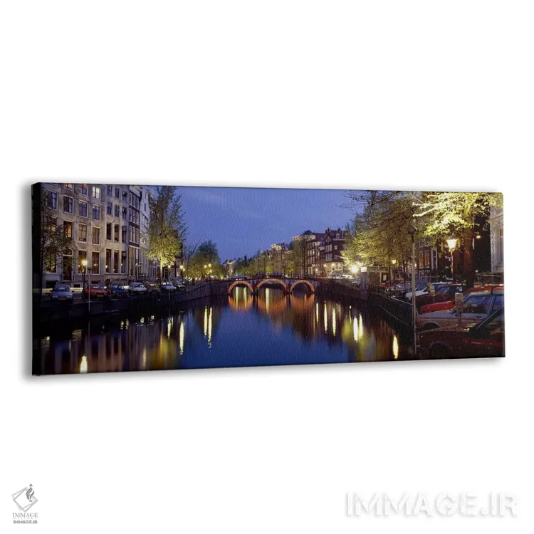 تابلو نمای شبانه در امتداد کانال، آمستردام هلند اثر پانورامیک ایمجز (استودیو عکاسی عریض) - نمای پرسپکتیو محصول