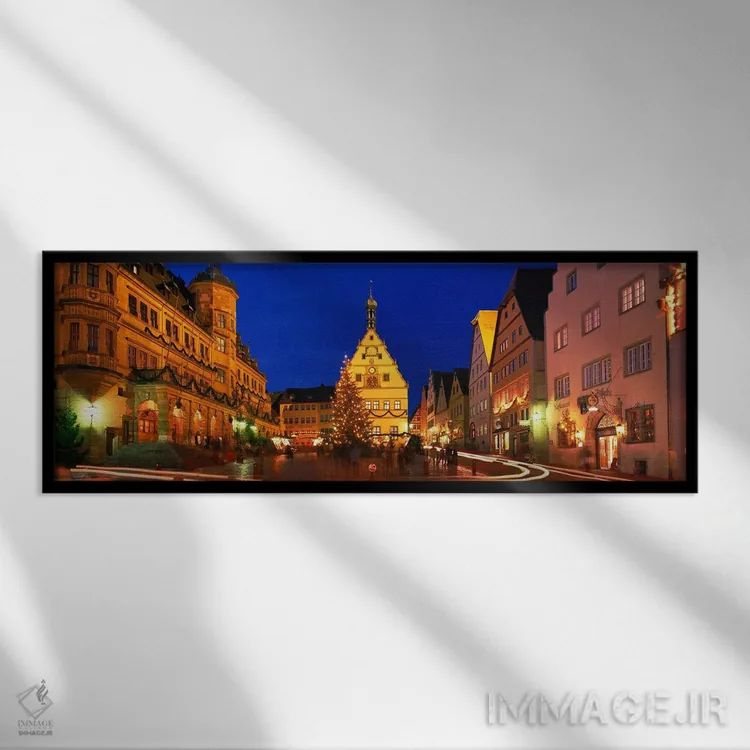تابلو Marktplatz, Rothenburg ob der Tauber, Bavaria, Germany,شب کریسمس در مارکتپلاتز، روتنبورگ اُب در تاوبر، باواریا، آلمان اثر پانورامیک ایمجز (استودیو عکاسی عریض) - نمای قابدار مشکی