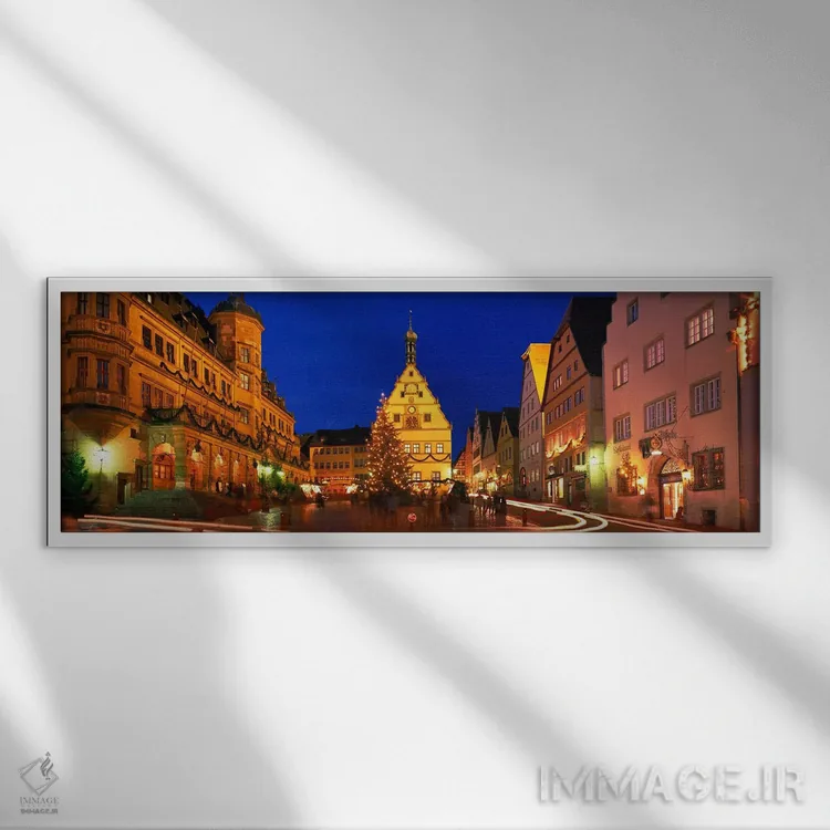 تابلو Marktplatz, Rothenburg ob der Tauber, Bavaria, Germany,شب کریسمس در مارکتپلاتز، روتنبورگ اُب در تاوبر، باواریا، آلمان اثر پانورامیک ایمجز (استودیو عکاسی عریض) - نمای قابدار سفید