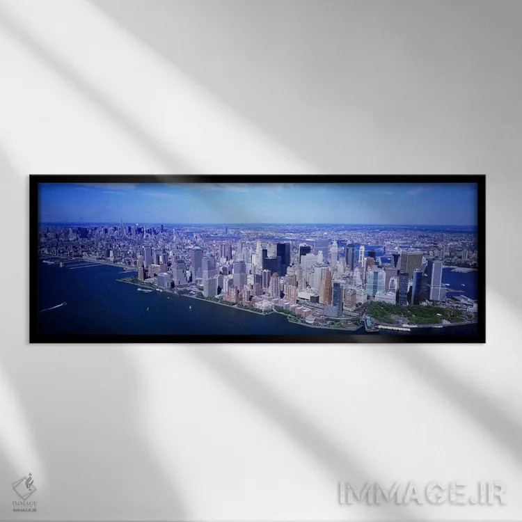 تابلو NYC, New York City, New York State, USA,نمای هوایی از منهتن پایین، نیویورک سیتی، ایالت نیویورک، ایالات متحده آمریکا اثر پانورامیک ایمجز (استودیو عکاسی عریض) - نمای قابدار مشکی