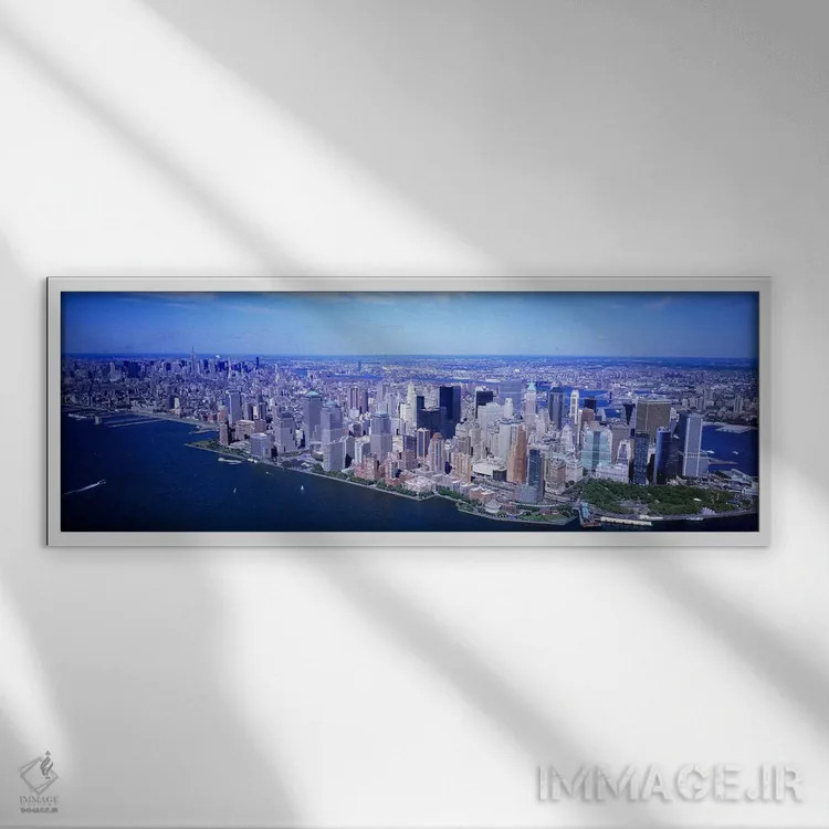 تابلو NYC, New York City, New York State, USA,نمای هوایی از منهتن پایین، نیویورک سیتی، ایالت نیویورک، ایالات متحده آمریکا اثر پانورامیک ایمجز (استودیو عکاسی عریض) - نمای قابدار سفید