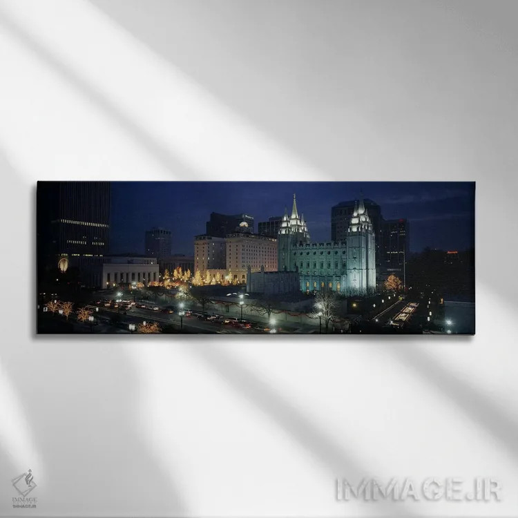 تابلو Salt Lake City, Utah, USA,معبد مورمون روشن در شب، سالتلیکسیتی، یوتا، ایالات متحده آمریکا اثر پانورامیک ایمجز (استودیو عکاسی عریض) - نمای روبهرو روی دیوار