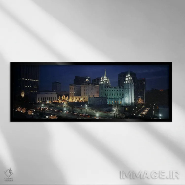 تابلو Salt Lake City, Utah, USA,معبد مورمون روشن در شب، سالتلیکسیتی، یوتا، ایالات متحده آمریکا اثر پانورامیک ایمجز (استودیو عکاسی عریض) - نمای قابدار مشکی