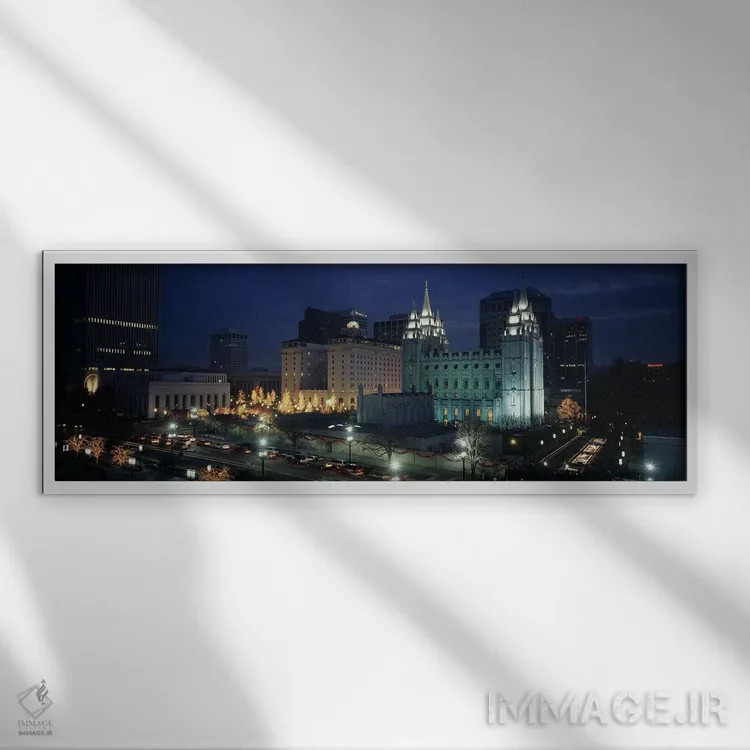 تابلو Salt Lake City, Utah, USA,معبد مورمون روشن در شب، سالتلیکسیتی، یوتا، ایالات متحده آمریکا اثر پانورامیک ایمجز (استودیو عکاسی عریض) - نمای قابدار سفید