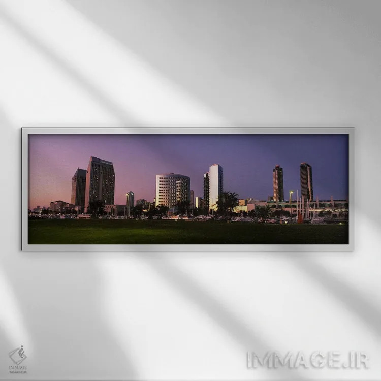 تابلو San Diego, California, USA,پارک مارینا و خط افق شهر هنگام غروب، سندیگو، کالیفرنیا، ایالات متحده آمریکا اثر پانورامیک ایمجز (استودیو عکاسی عریض) - نمای قابدار سفید